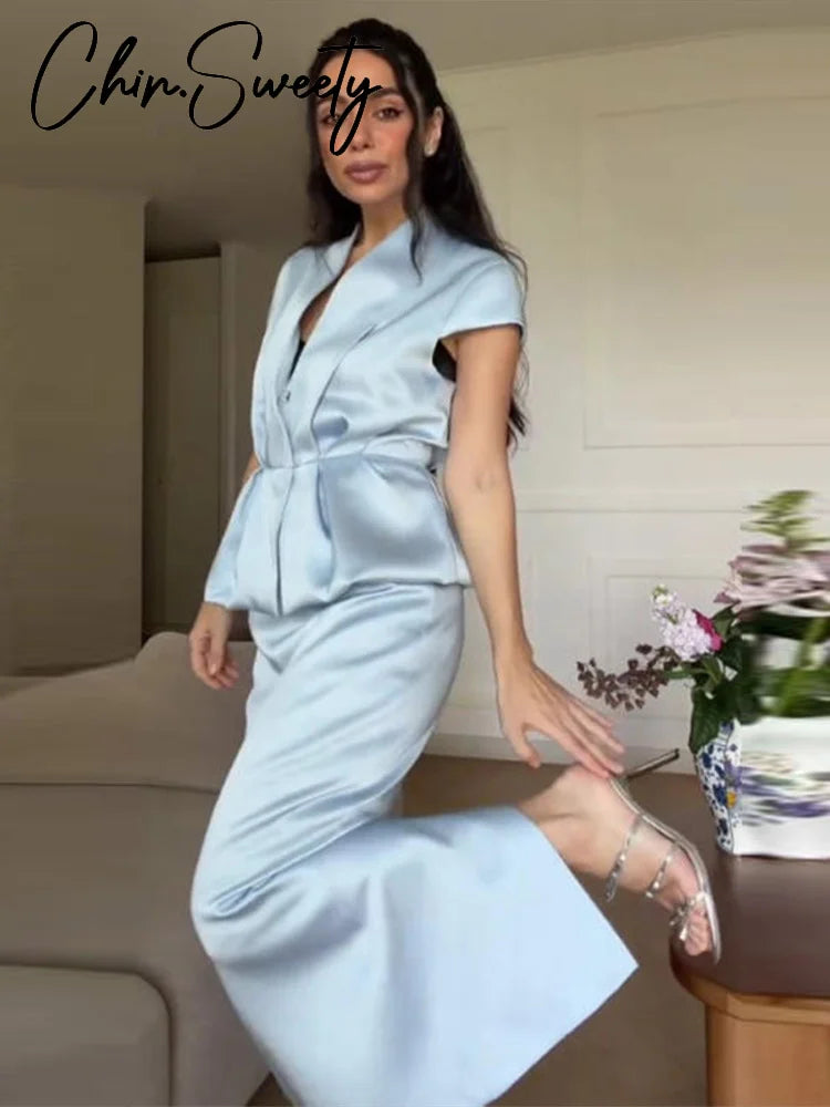 Urban Solid Blazer Skirt Women Set Elegant Pleated Sleeveless V-neck Top Split Hip Package Skirts 2026 Summer Lady Outfit New