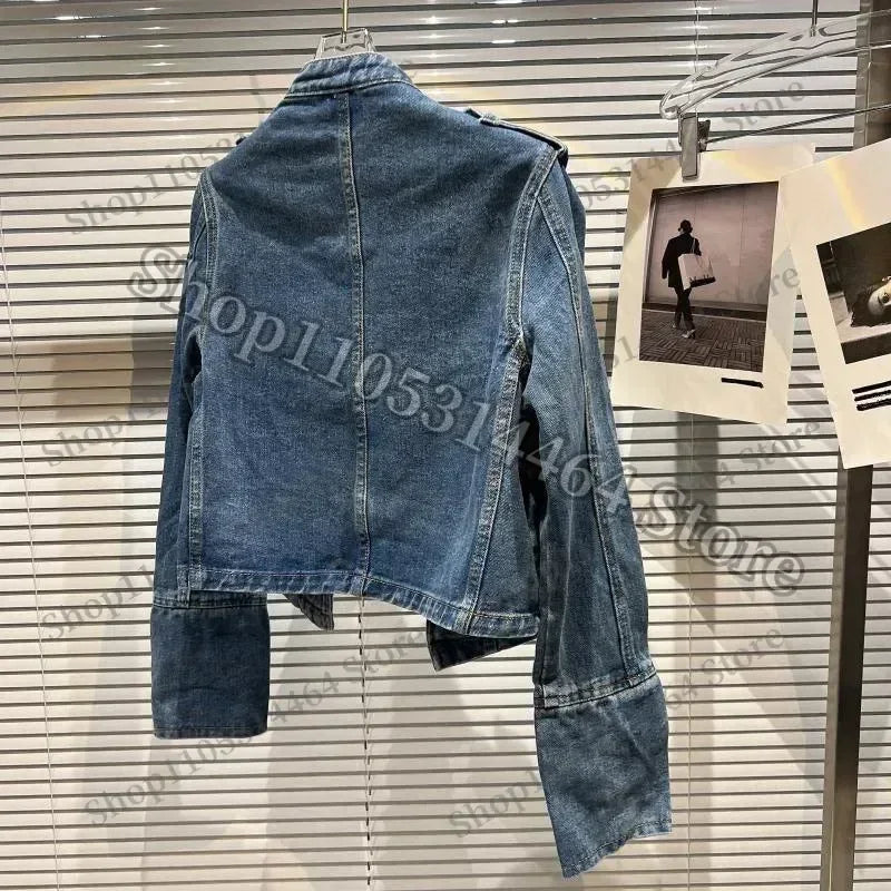 Spring Autumn Vintage Blue Slim Short Jeans Jacket Women Stand Collar Multi-breasted Design Long Sleeve Denim Jacket  Streetwear