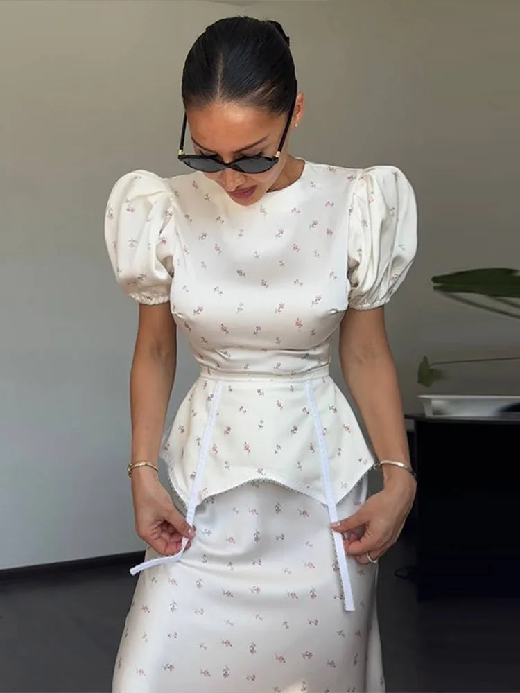 Print  Dress Women's Floral Satin Mini Dress Deep V-Neck Puff Sleeves Peplum Waistband Two-Piece Party Dresses Woman Clothes