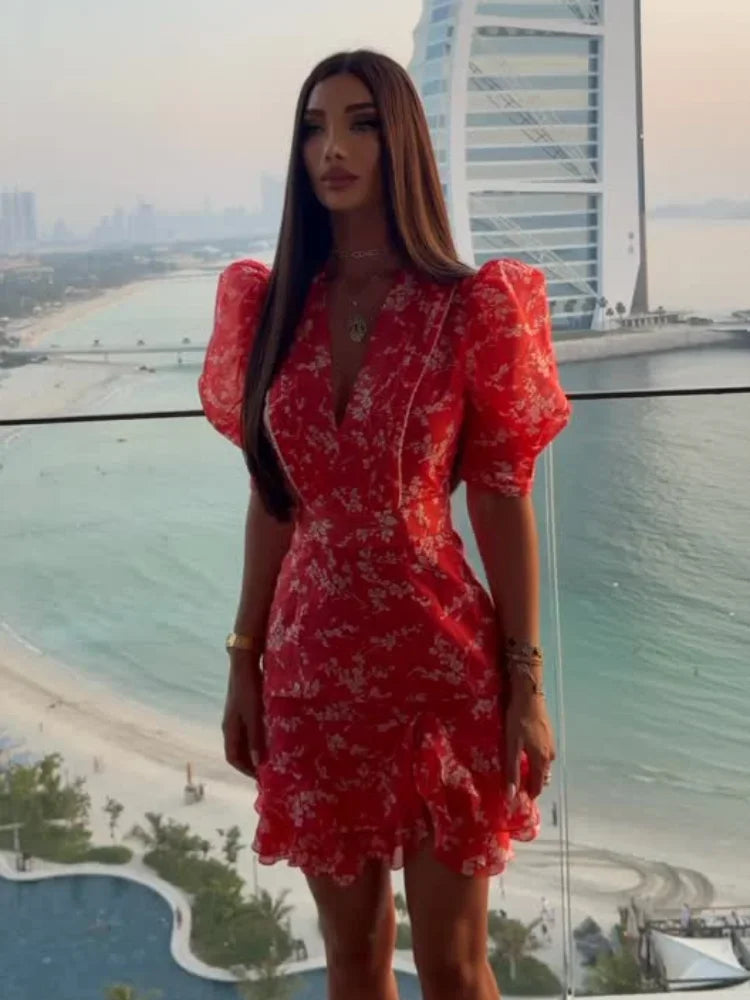 Women Red Floral Printed Mini Dress V-neck Short Sleeved Puff Sleeve Waist Trim Ruffle Slit Hem Dresses 2026 Summer Party Gown