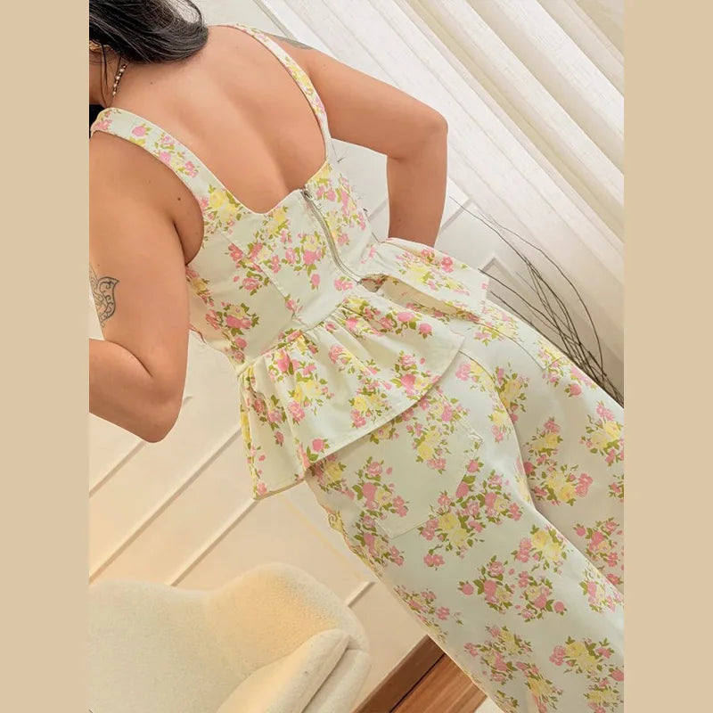 Women's Sweet Cute Floral Printed Vest Pants 2026 New Summer U Collar Sleeveless Ruffle Hem Tops Wide Leg Trousers 2 Piece Sets