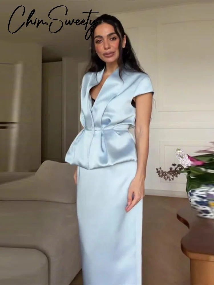Urban Solid Blazer Skirt Women Set Elegant Pleated Sleeveless V-neck Top Split Hip Package Skirts 2026 Summer Lady Outfit New