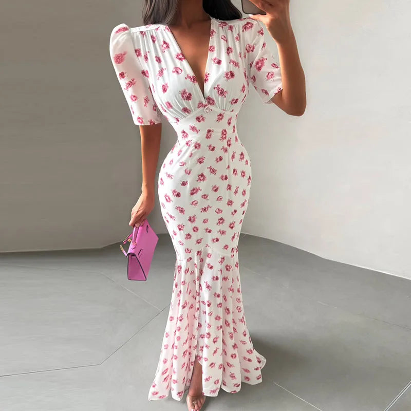 Print Chiffon Long Dress Women V Neck Half Sleeves High Waist Ruffles Belts Split Robe Female 2026 Summer Chic Vacation Dresses