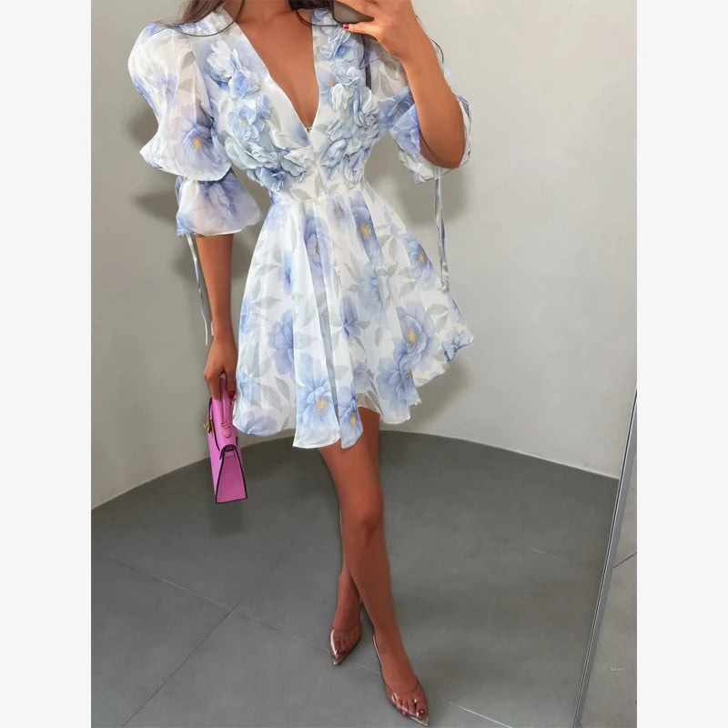 Pink Floral Printed Backless Mini Dress Women Elegant O Neck Long Sleeved Ruffles A-line Dresses Summer Chic Female Vestidos