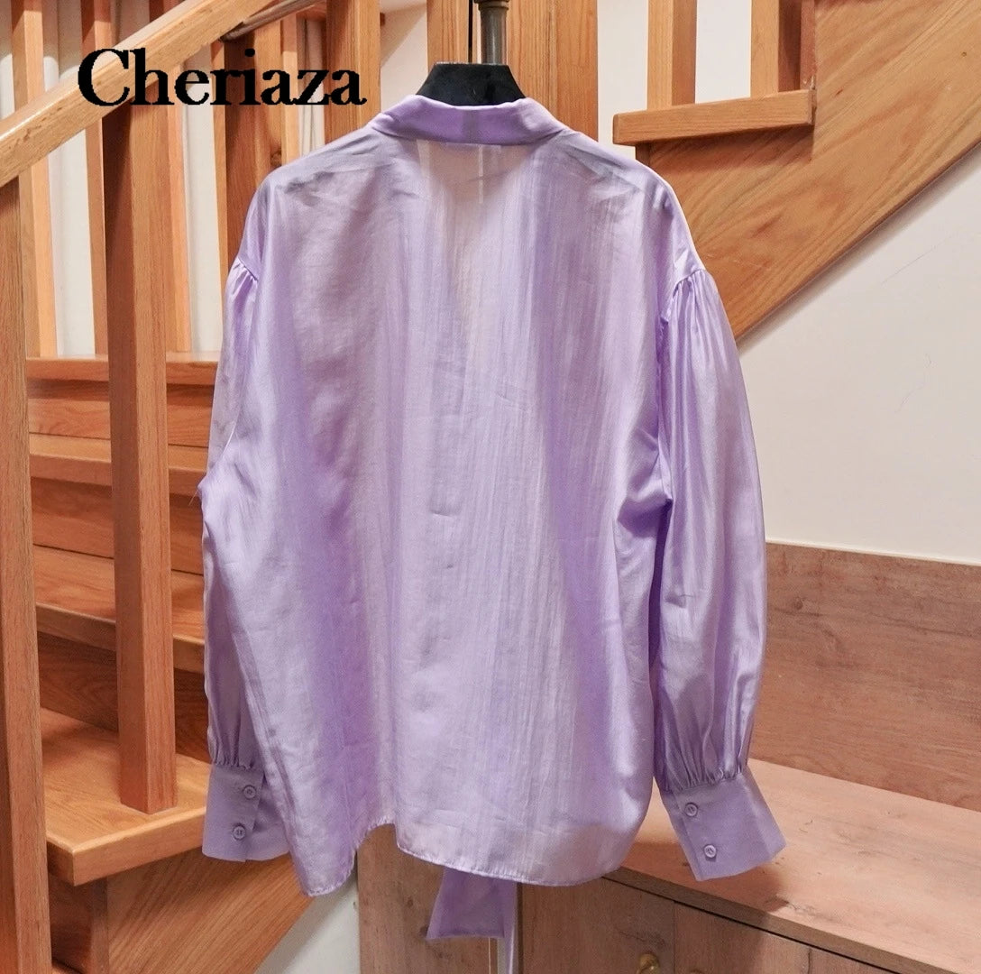 Women Summer Elegant Purple Blouses Shirts Tops 2026 Fashion Solid Loose Bow Blusas Female Elegant Street Top Clothing