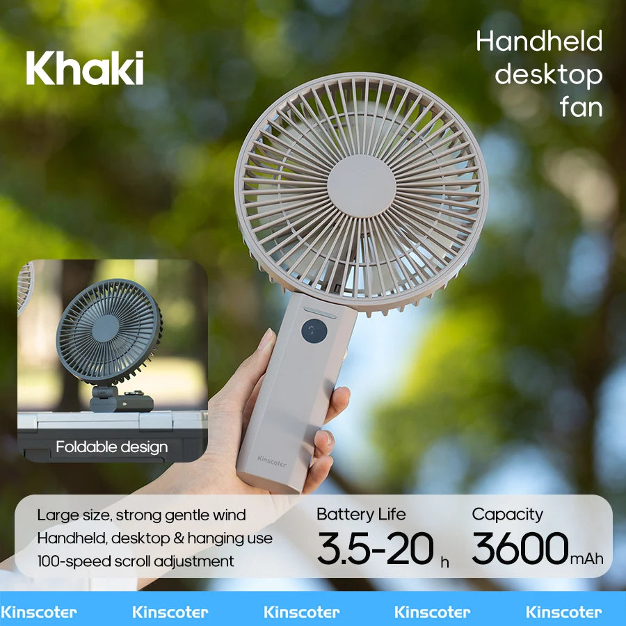Portable Handheld Fan 3600mAh Multifunctional Desktop Folding Rechargeable Fan 100-Speed with LED Display for Outdoor Travel