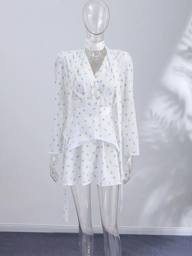 Women Floral Dress Choker Tie Midi Dress Deep V Long Sleeve Belt Waist Club Mini Dress Summer Wear Woman Clothes Daily Outfit