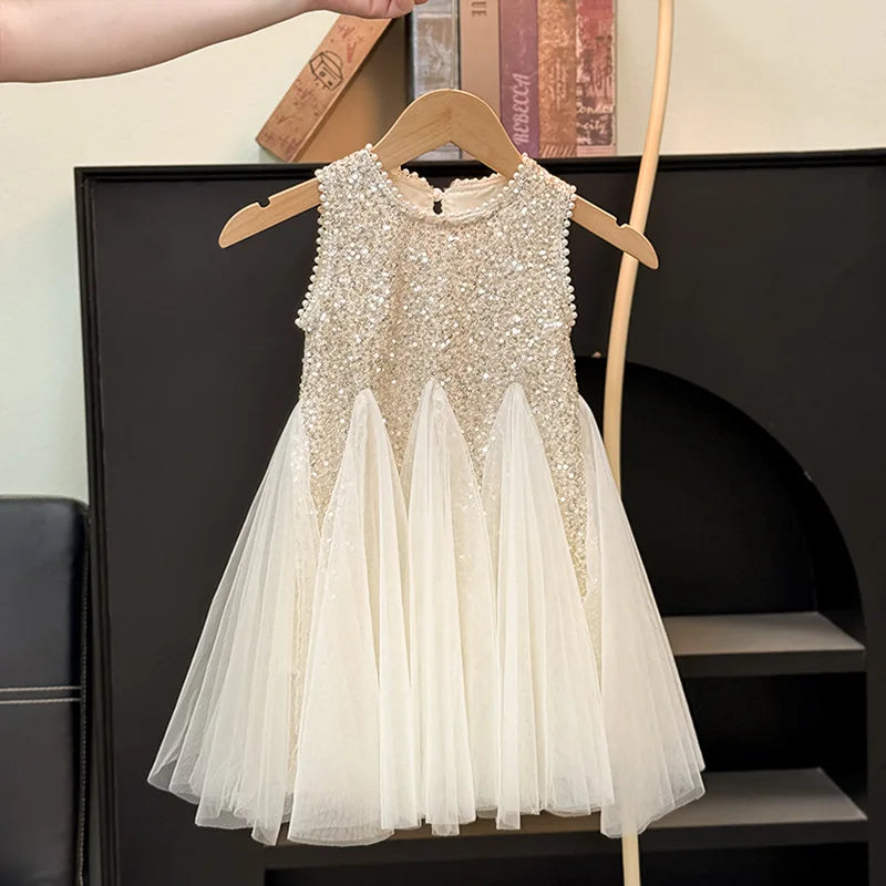 Summer Girls Tulle Dress Princess Sequined Puff Mesh Gown Kids Birthday Party Vestidos Children Casual Fashion Clothes 2-10Y CB DROPSHIPPING