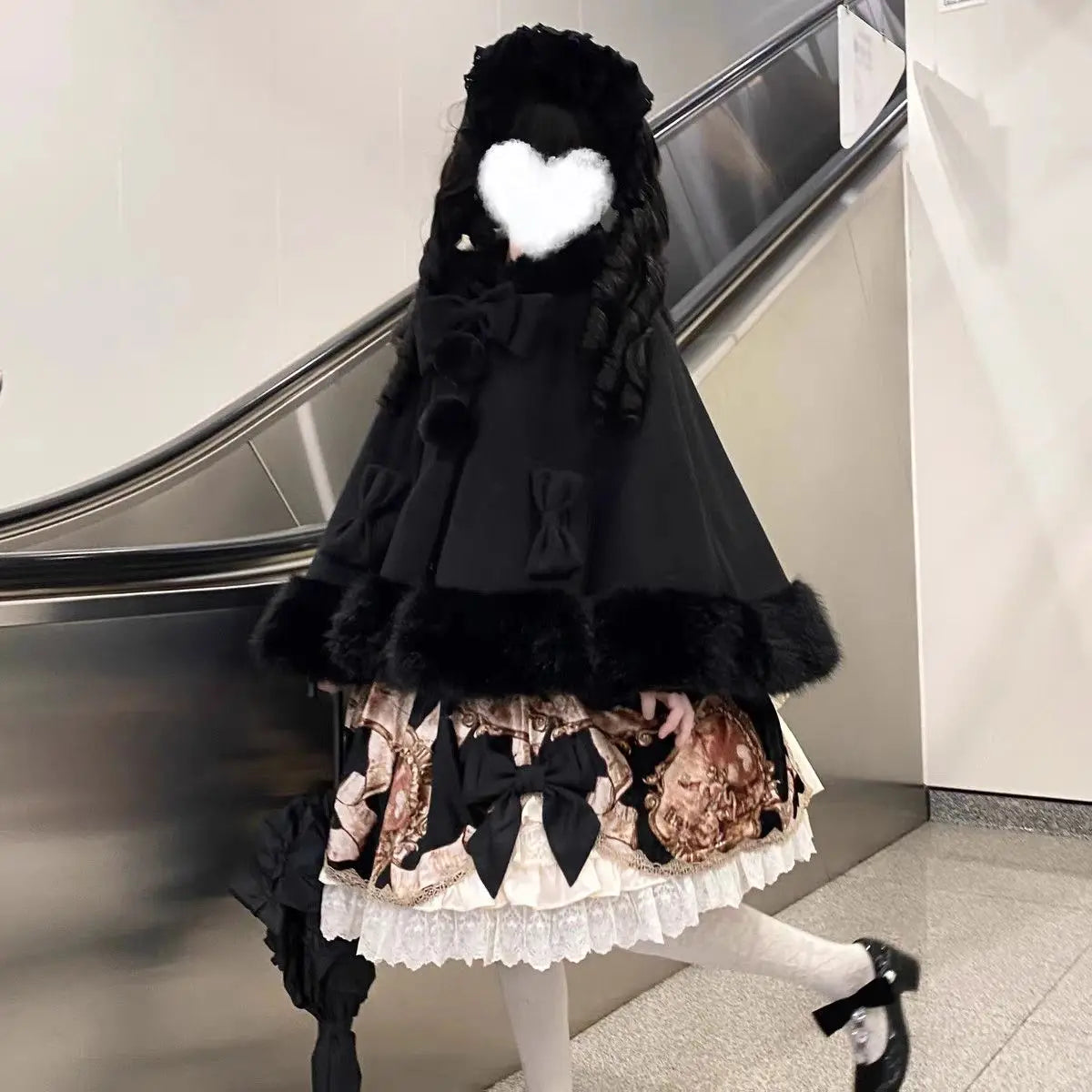 Japanese Kawaii Coat Cloak Faux Fur Collar Long Sleeve Tops Women Casual Lolita Bow Button Jackets Warm Sweet Women Clothing