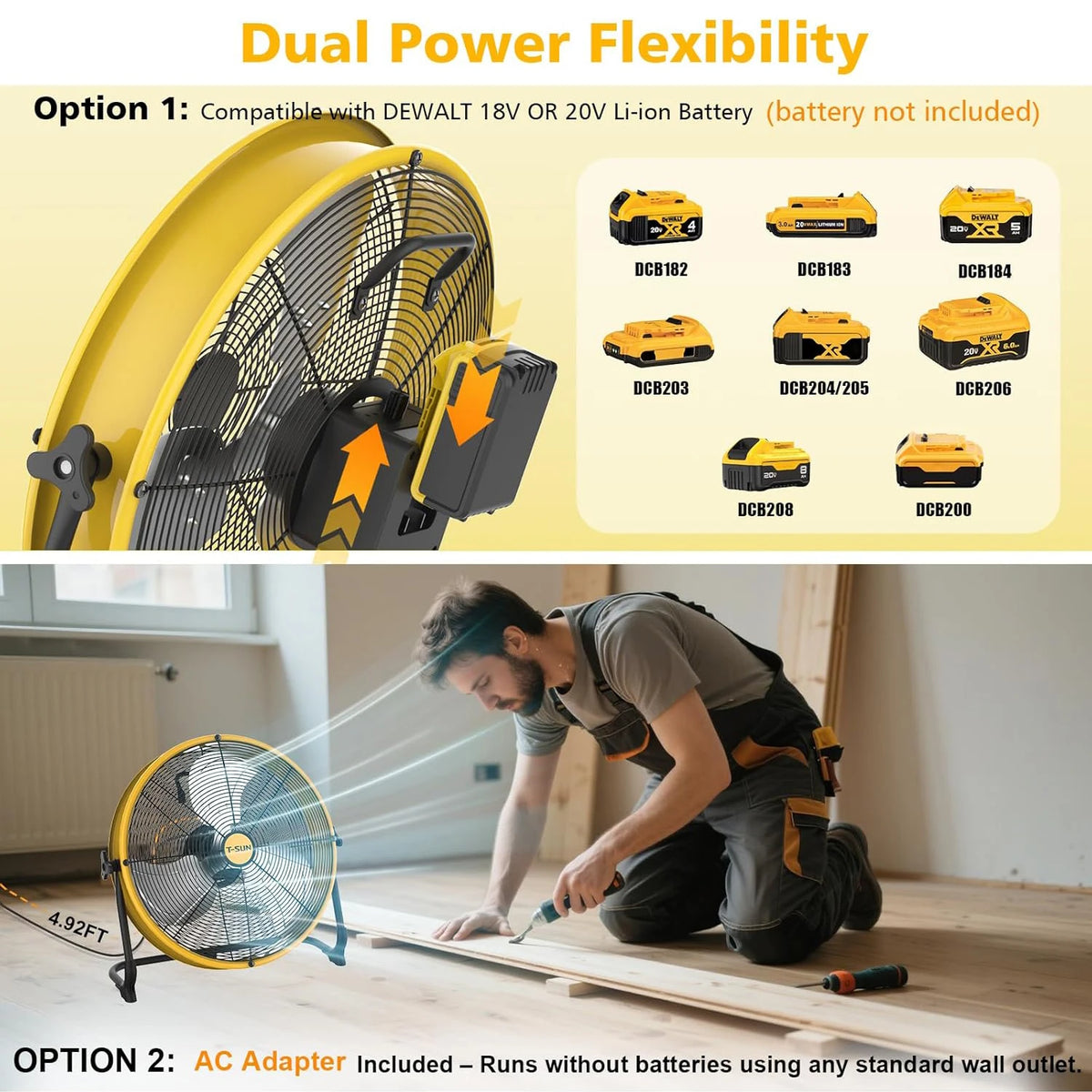 12/16 inch Floor Fan for Dewalt Battery Portable Fan Metal Industrial Stepless Speed Fan for Jobsite Garage Camping Emergency