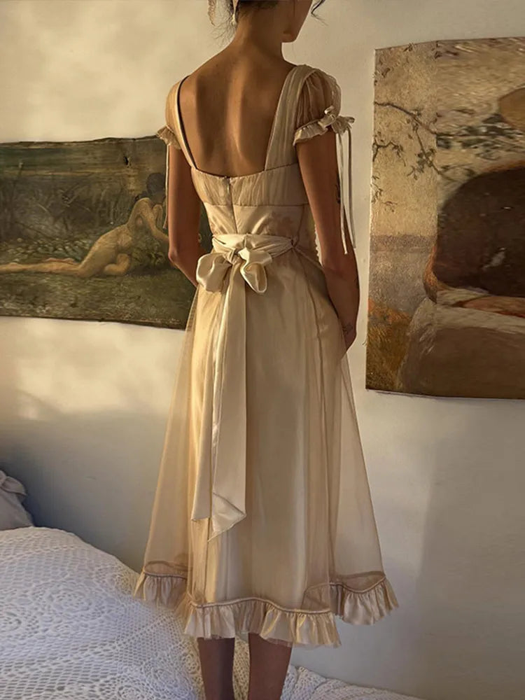Women Mesh Midi Dress Vintage Dresses Deep V Neck Tie Strap Floral Ruffle Hem Wedding Guest Dress Elegant Outfit Woman Clothes