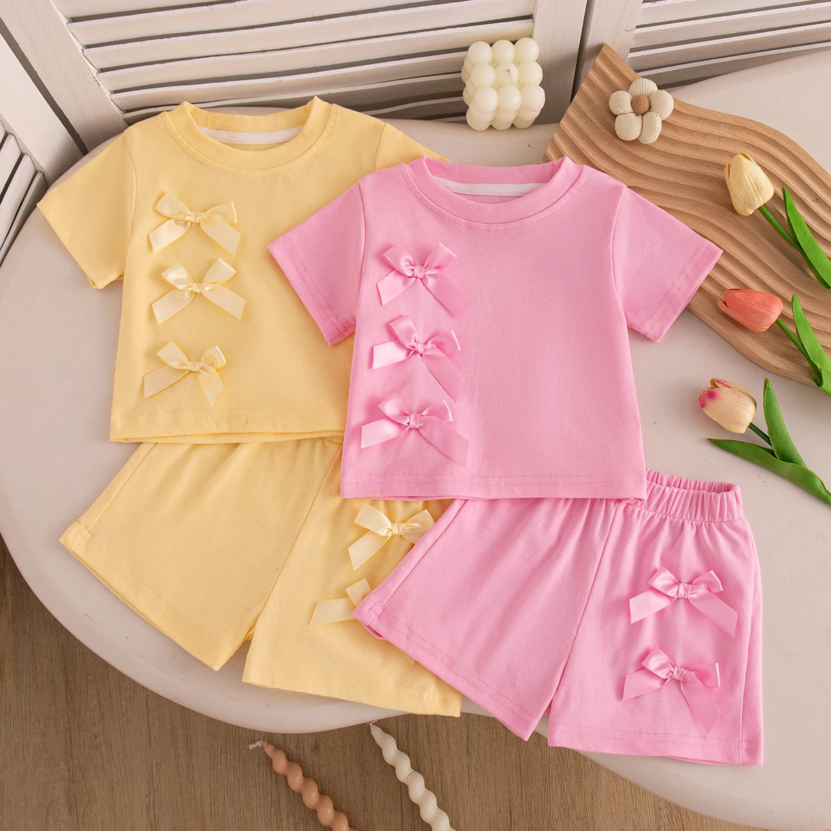 Baby Girl Set Summer Solid-Color Bow Short-Sleeve Top and Shorts Baby Girl Clothes Cute Beach Baby Outfit Set CB DROPSHIPPING
