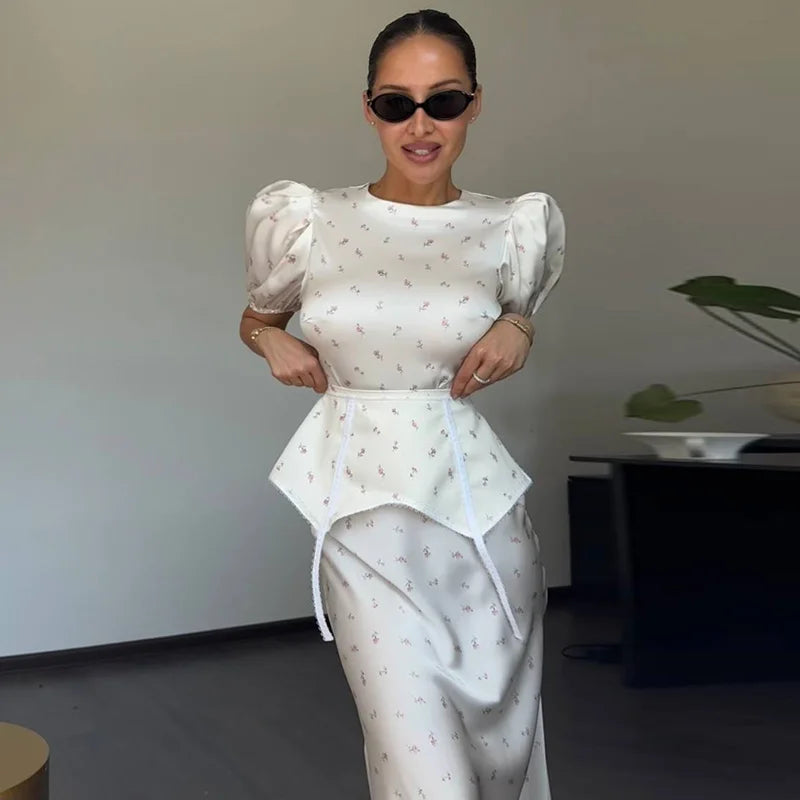 Print  Dress Women's Floral Satin Mini Dress Deep V-Neck Puff Sleeves Peplum Waistband Two-Piece Party Dresses Woman Clothes