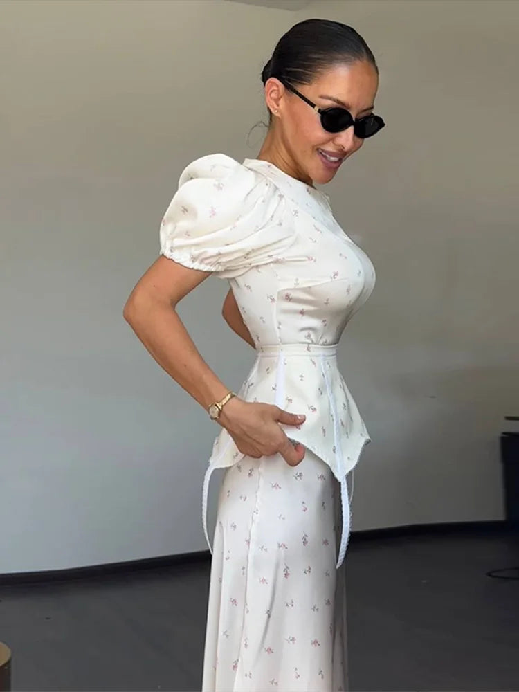 Print  Dress Women's Floral Satin Mini Dress Deep V-Neck Puff Sleeves Peplum Waistband Two-Piece Party Dresses Woman Clothes