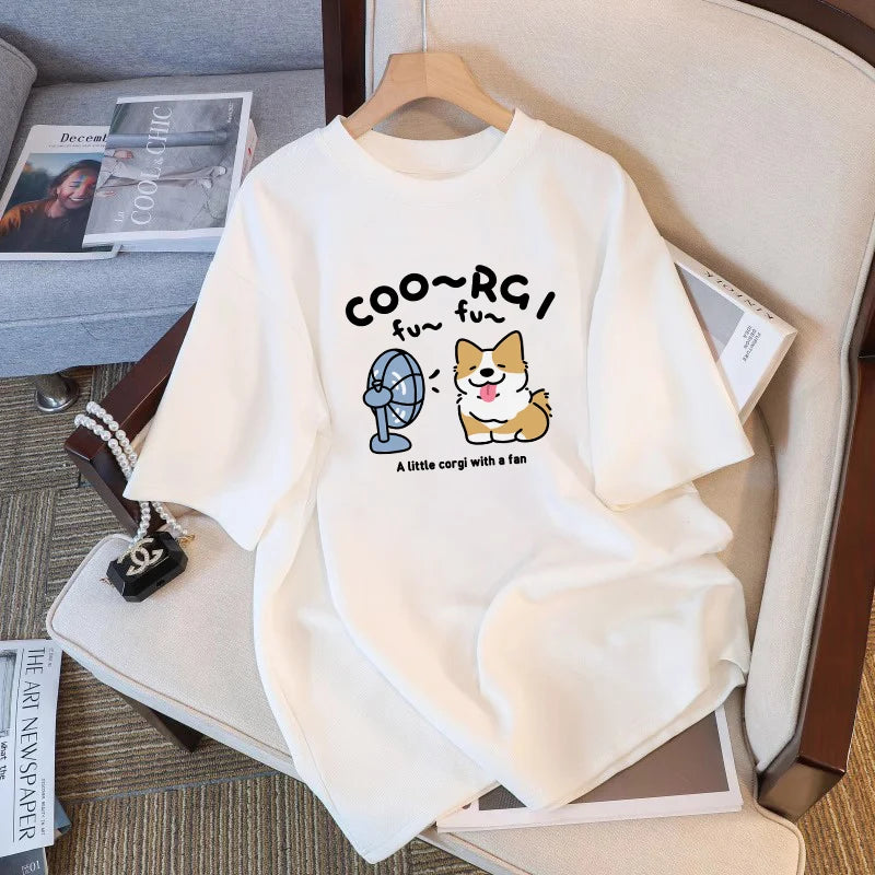 Soft Cuteness Alert  Korean Style T Shirt Cute Fun Pattern Print Loose Short  Sleeve White Top for Women Casual Summer Clothing