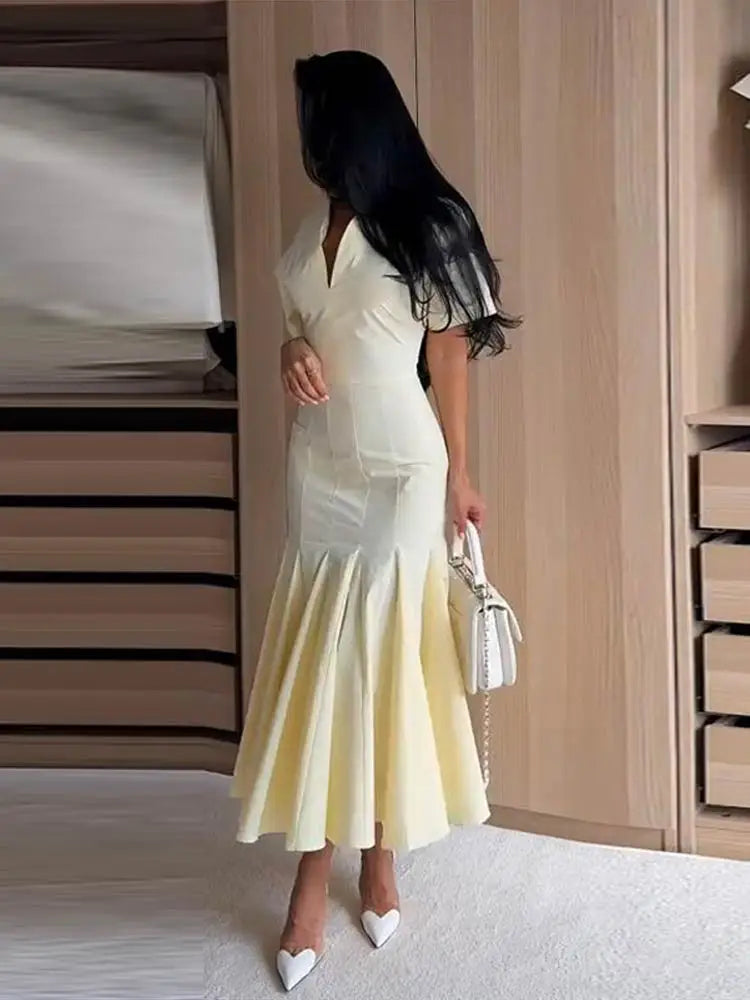 Women Fashion Solid Dress V-neck Ruffles Hem Short Sleeves Waist-cinching Draped Empire Dresses Summer Chic Elegant Summer Gown