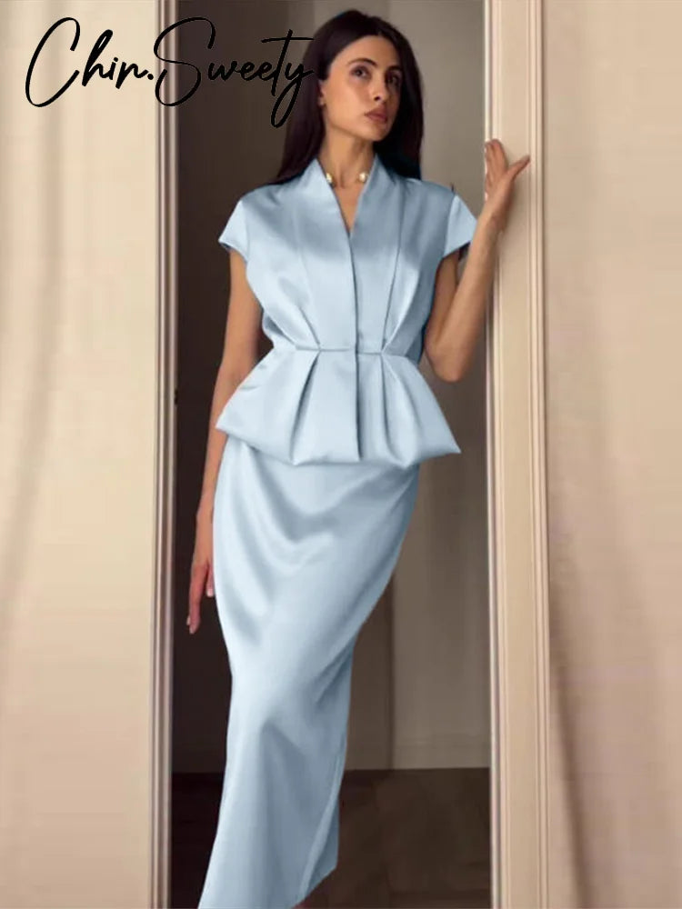 Urban Solid Blazer Skirt Women Set Elegant Pleated Sleeveless V-neck Top Split Hip Package Skirts 2026 Summer Lady Outfit New