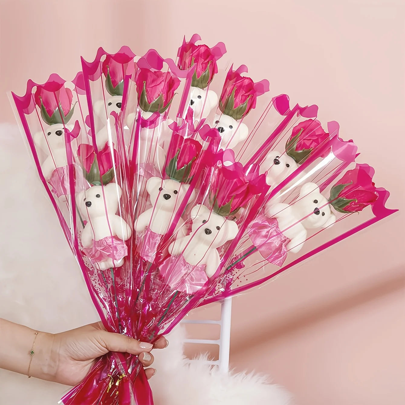 10Pcs Artificial Flowers Rose Bear Bouquet Fake Flower Mother's Day Valentine's Day Gift Birthday Present Wedding Home Decor