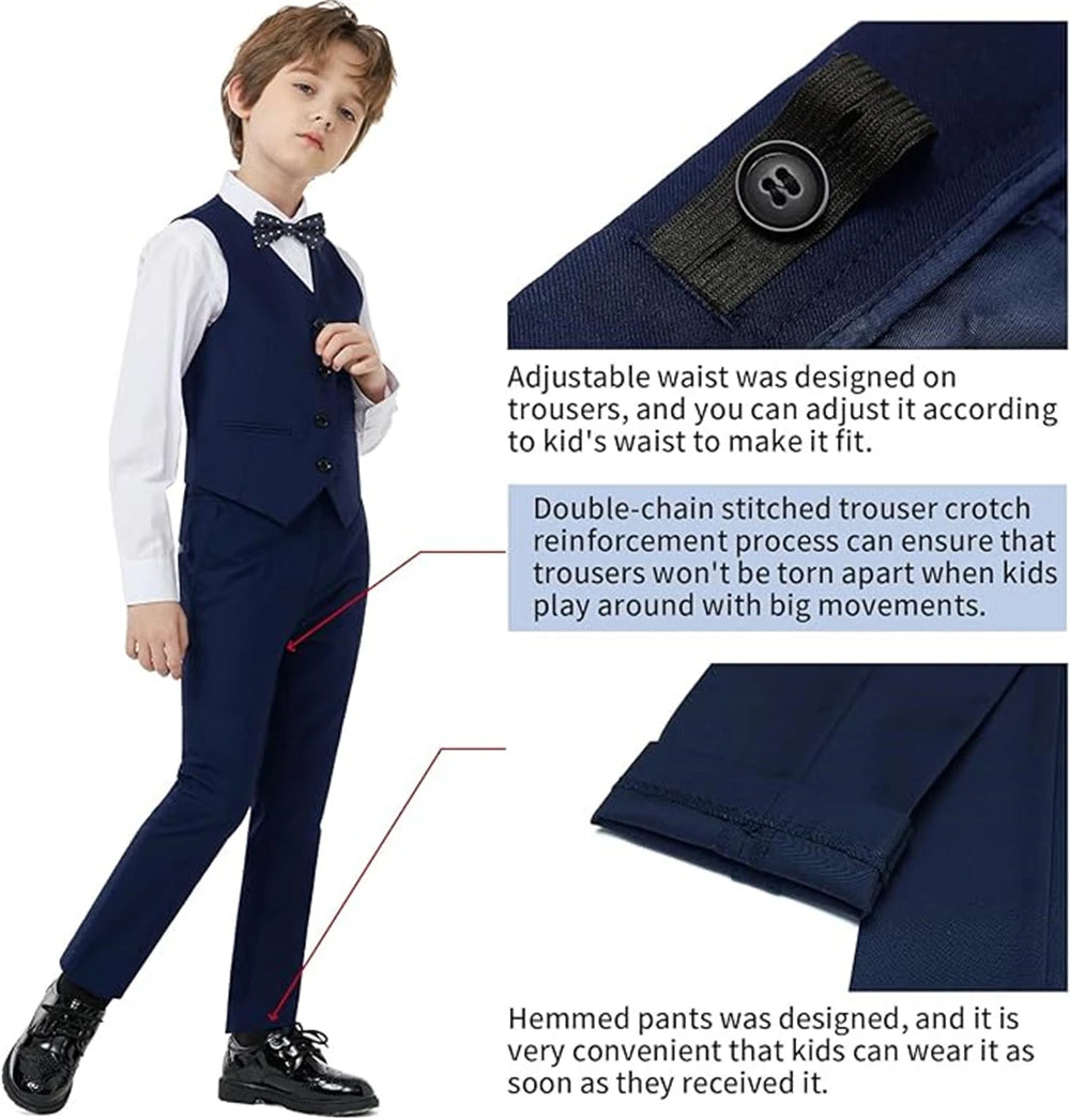 Notched Boy's Suit Set for Kids 3-14 Yrs, One Button Black Suit Jacket Vest Pants and T Shirt, Communion Tuxedo 4-Piece Suits CB DROPSHIPPING