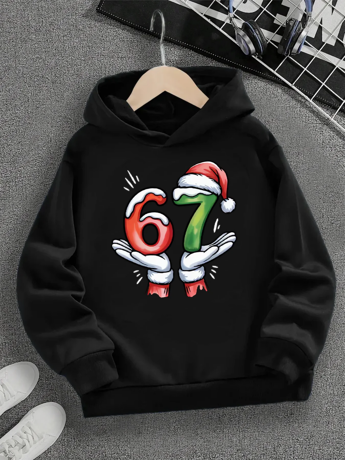 Spring And Autumn Single Casual Fashion Christmas #67 Boys Black Hoodie, Six Seven Cartoon Print Pattern,Suitable For Daily Wear CB DROPSHIPPING