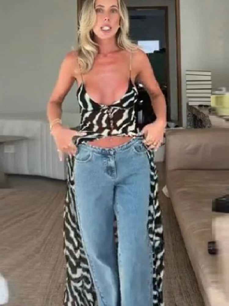 Casual Zebra Print Spaghetti Strap Maxi Top Versatile Long Leg Jeans Women Sheer Button Down Split Hem Daily Date Street Wear