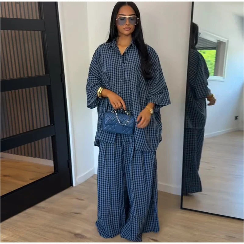 Fashion Stripe Long Pants Set Women Chic Lapel Single Breasted Shirt High Waist Wide Leg Trousers 2026 Spring New 2 Pcs Outfits