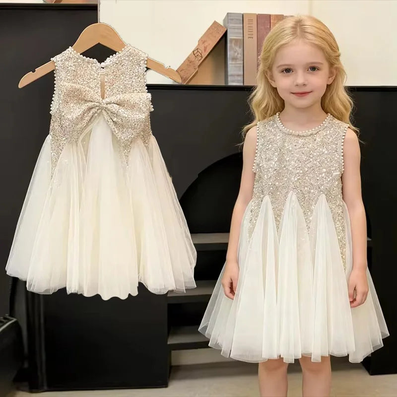 Summer Girls Tulle Dress Princess Sequined Puff Mesh Gown Kids Birthday Party Vestidos Children Casual Fashion Clothes 2-10Y CB DROPSHIPPING