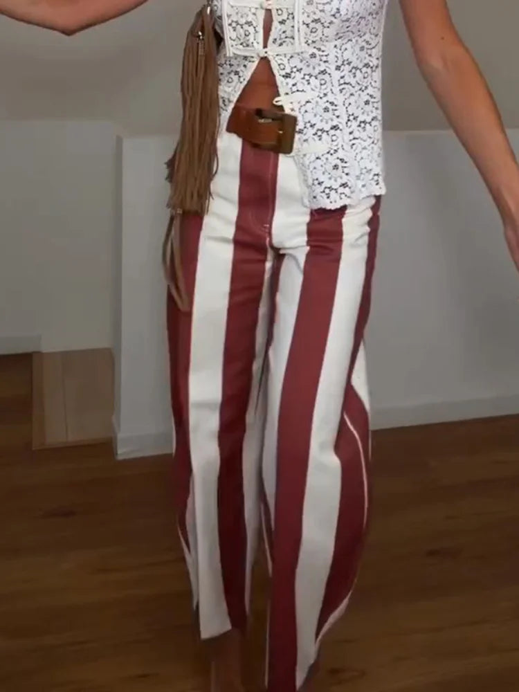 Street Striped Jeans Women's High-Waist Pockets Wide-Leg Trouser 2026 Spring Summer Retro Multicolor Vertical Stripe Denim Pant