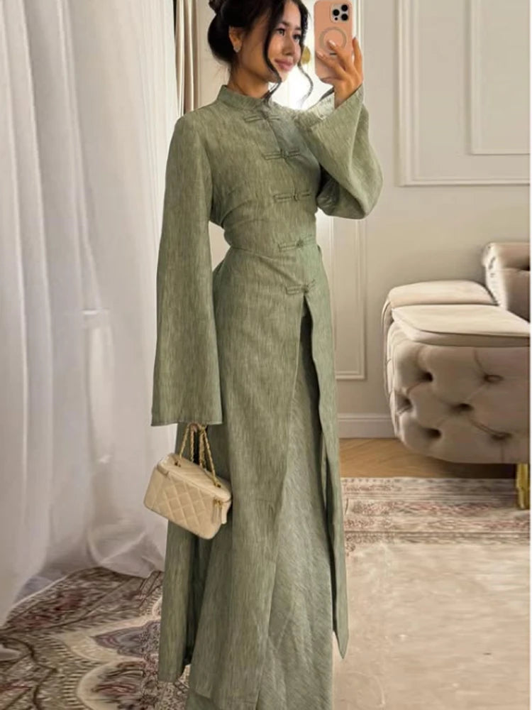 Chinese Style Frog Button Two Piece Set Long Flared Sleeve Ruched Waist Traditional Oriental Outline Sets Spring Picnic Outfit