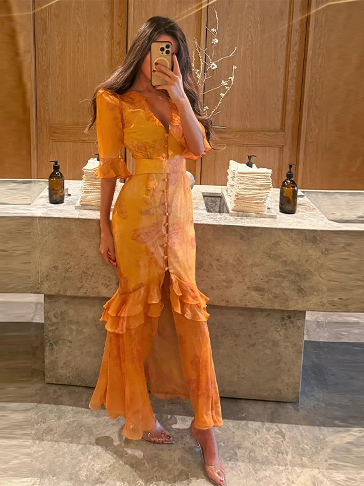 Elegant Floral Printed Woman Summer Dress V-neck Puff Sleeve Split Maxi Dresses For Women Fashion 2026 Women's Casual Gown New