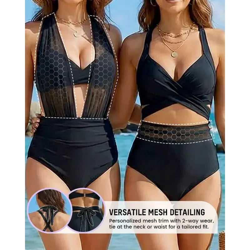 Tummy Control Mesh Bikini Set Women Monokini Swimsuit Sexy Deep V-Neck 1 Piece Bathing Suit Summer Solid Sexy Tight Resort Wear