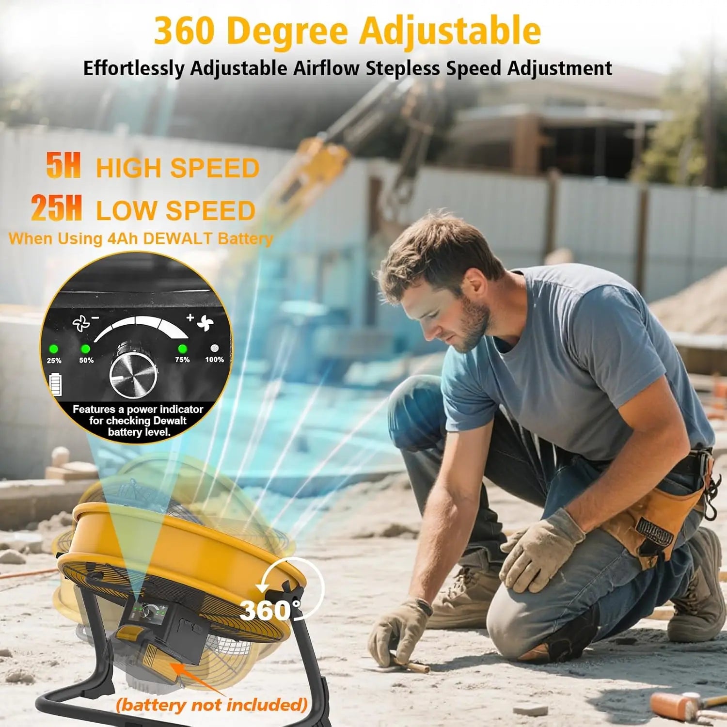 12/16 inch Floor Fan for Dewalt Battery Portable Fan Metal Industrial Stepless Speed Fan for Jobsite Garage Camping Emergency