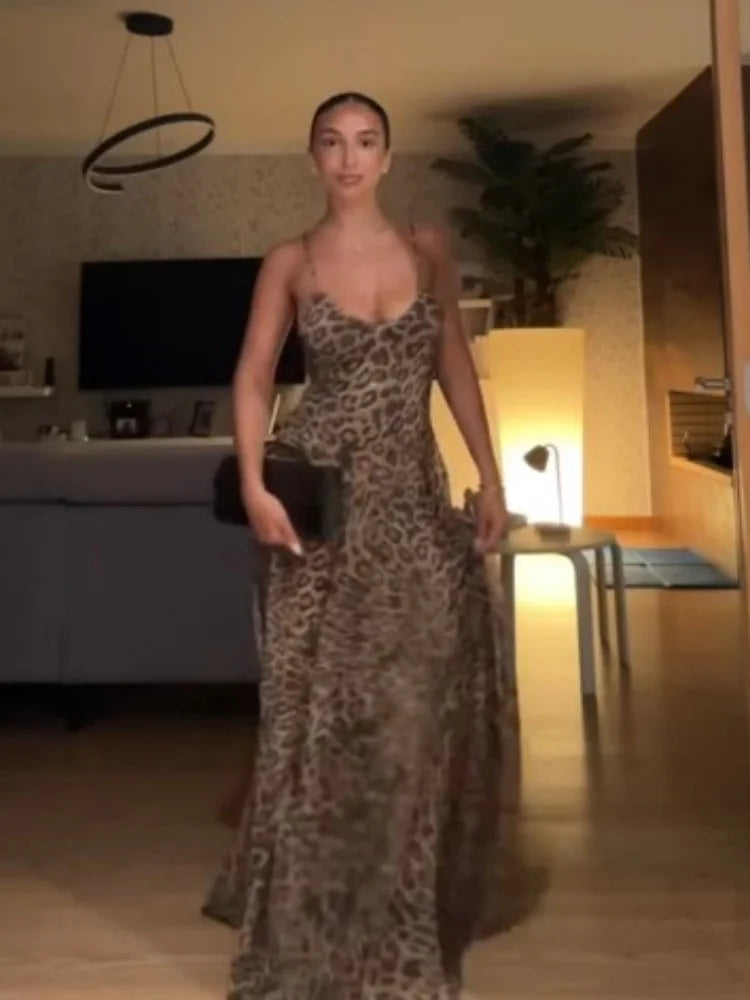 Vintage Chic Leopard Printed Sling Vestido Women Casual Backless Pleated Loose Fit Fold Spaghetti Strap Dress Vacation Beachwear