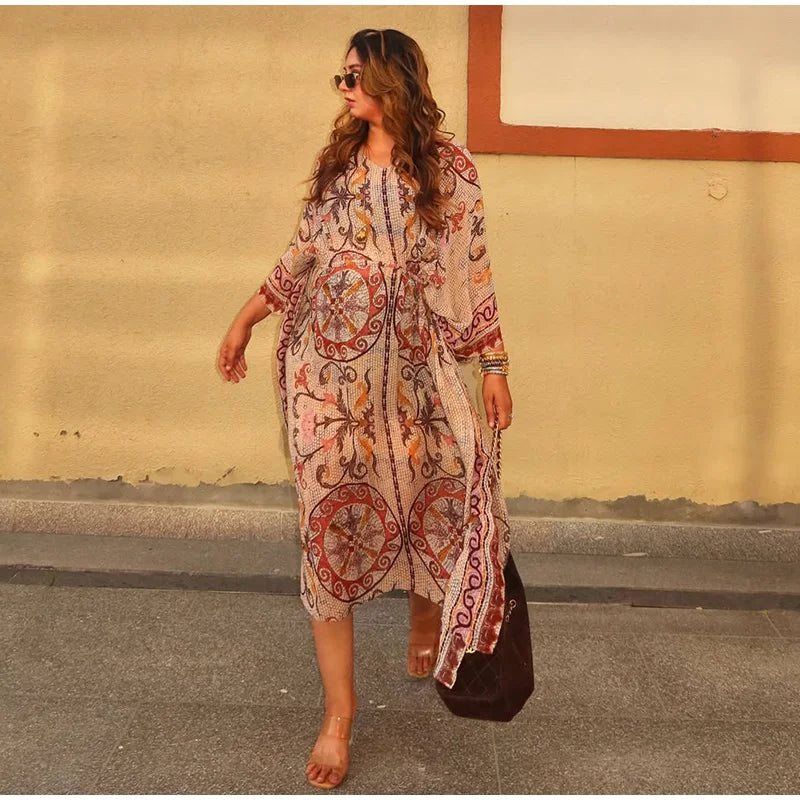 Women V Neck Vintage Vine Print Batwing Sleeve Maxi Dress Drawstring Waist Loose Flare Long Dress Mesh Texture Beach Vacation