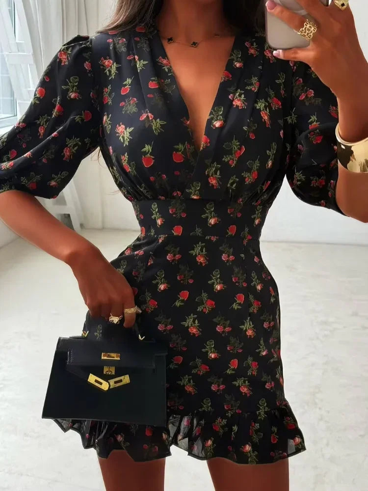 Women Elegant Printed Short Dress Chic V-neck Short Sleeve A-line Bodycon Mini Dresses 2026 Lady New Summer Vacation Street Robe