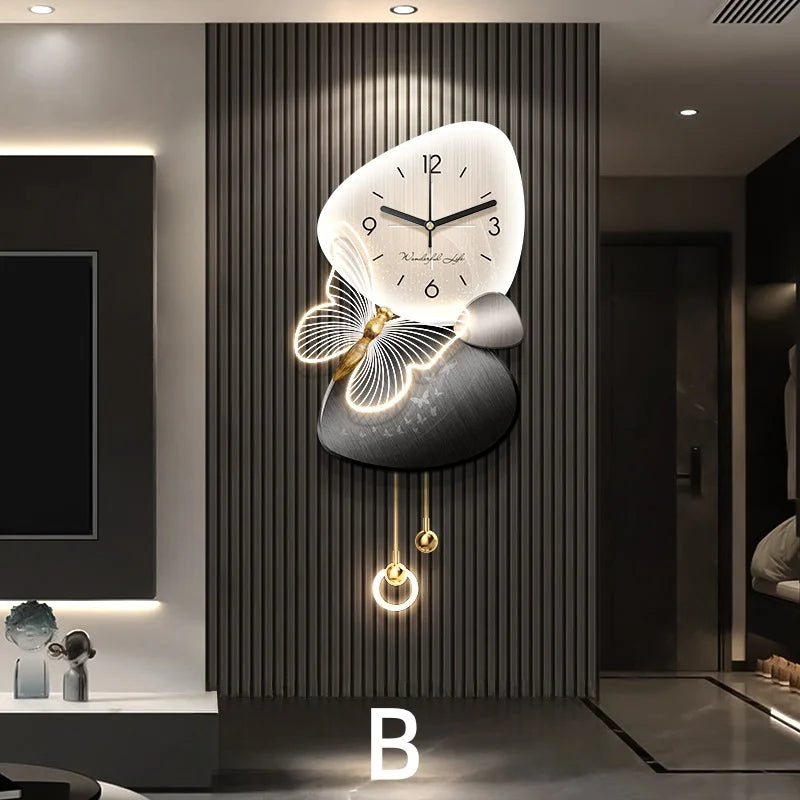 Living Room Foyer Creative Clock Butterfly LED Mural Lights TV Background Wall Entrance Decoration Painting Hanging Painting