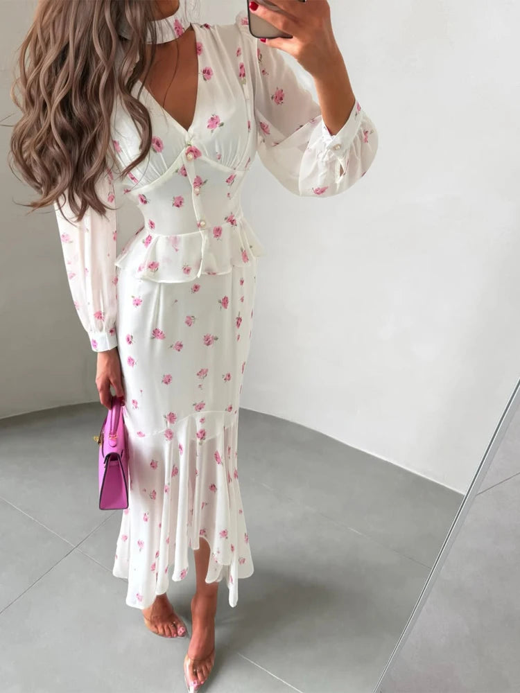 Women White Pink Floral Print Fishtail Skirt Set Chic V Neck Puff Sleeve Ruffle Button Crop Top Suit Elegant Lady Wedding Outfit
