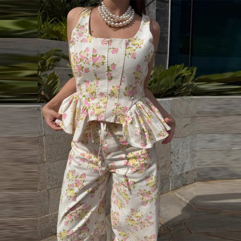 Women's Sweet Cute Floral Printed Vest Pants 2026 New Summer U Collar Sleeveless Ruffle Hem Tops Wide Leg Trousers 2 Piece Sets