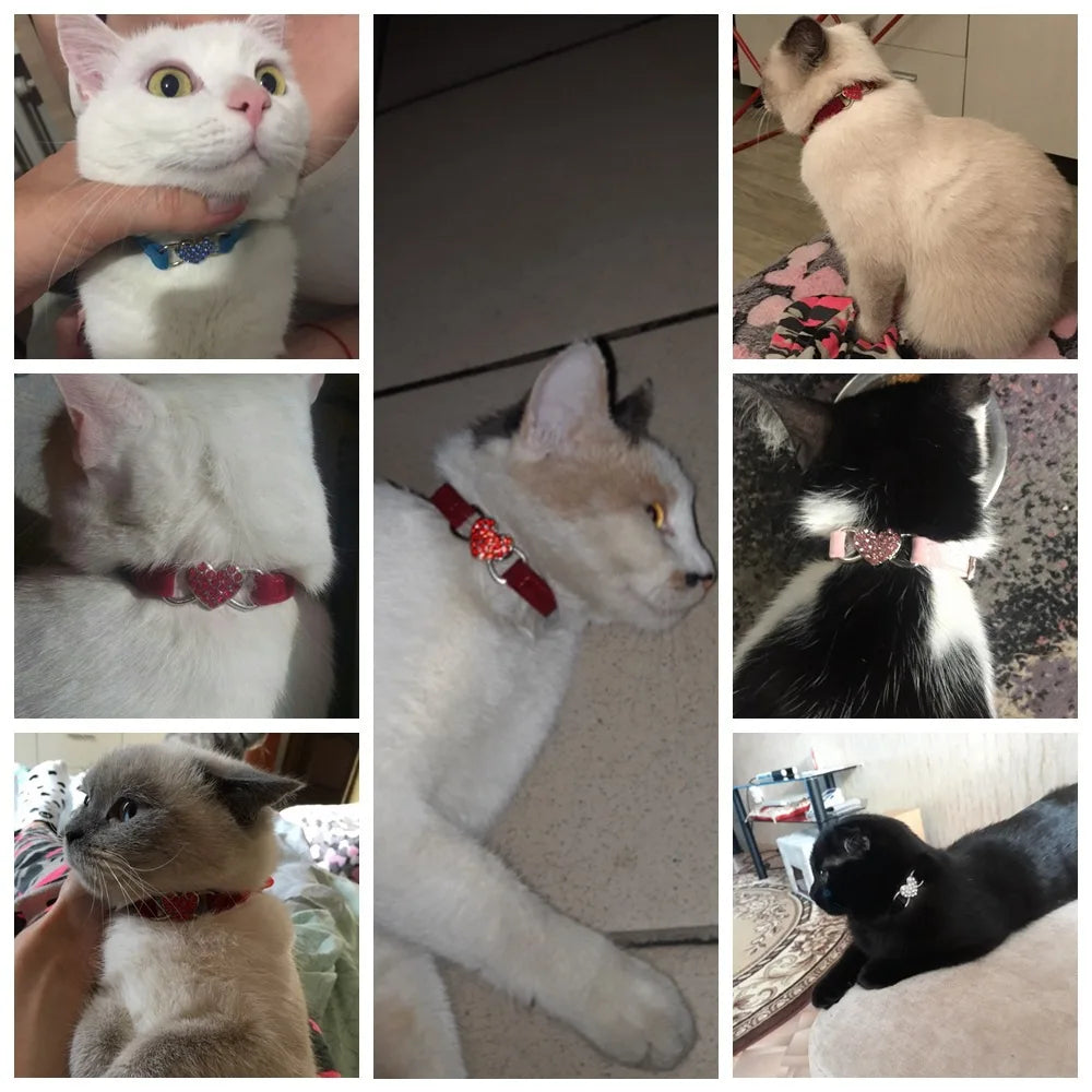 Soft Comfortable Plush Cat Collar Faux Diamond Heart Elastic Rubber Design with Bell Breakaway Safety Essential Pet Accessary CB DROPSHIPPING