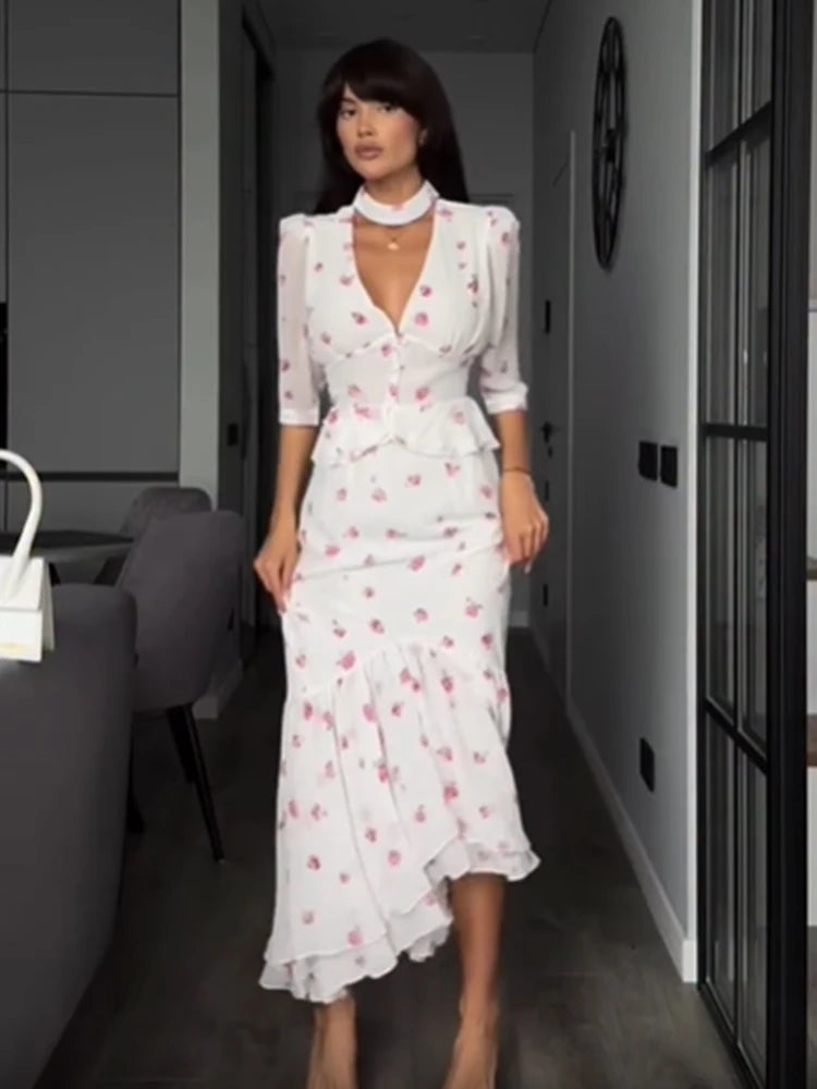 Women Elegant Printed V-neck Dress Chic Lapel Waist Cinched Pleated High Waisted Dresses 2026 Summer New Lady Vacation Gowns