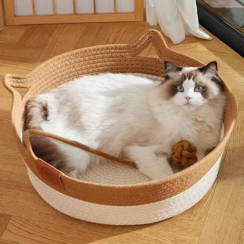 Pet Cat Bed Round Hand Woven Rattan Wear-resistant Cat Bed Summer Cooling Pet Bed Indoor Sleeping House Pet Products Accessories CB DROPSHIPPING