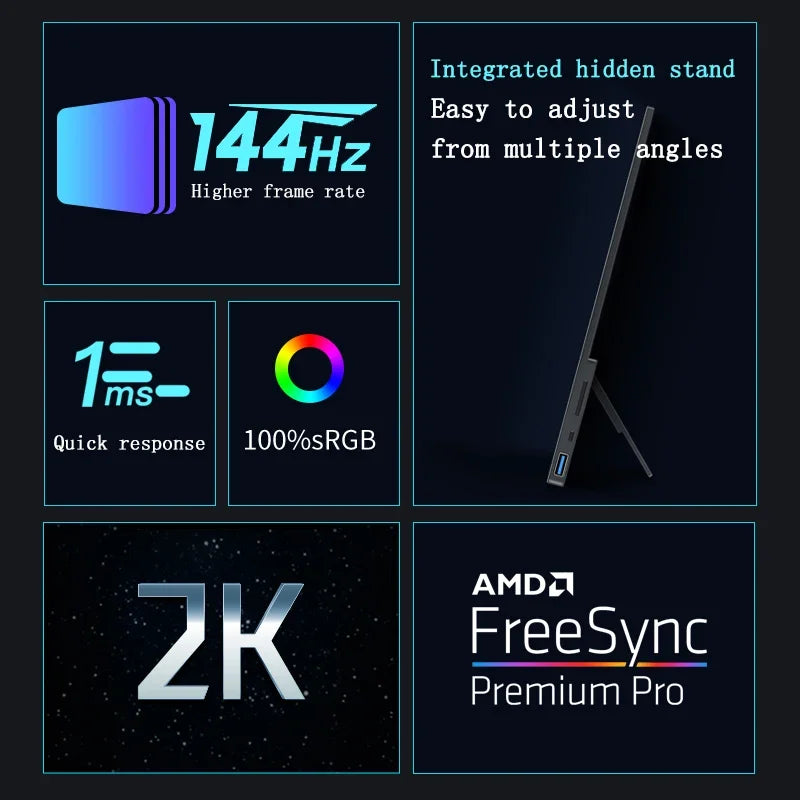 15.6 Inch 2K 144hz Touchscreen Portable Monitor 2560*1440P HDR 100%sRGB FreeSync 1ms IPS Screen With Hidden Stand Gaming Display CB DROPSHIPPING
