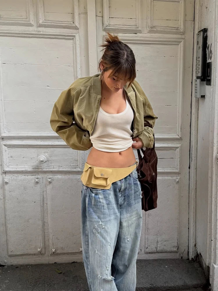 Cropped Bomber Short Jackets Women Solid Folded Hem Zipper Pockets Full Sleeves Coats Women Lady Casual Daily Street Outwear New