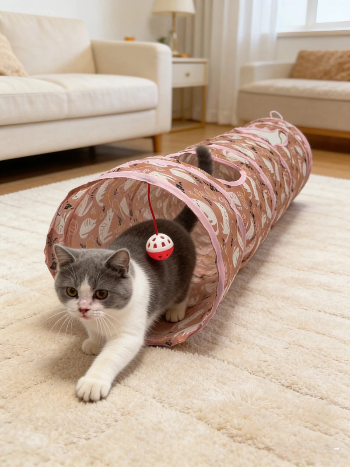 Collapsible 120cm Cat Tunnel with Bell Toy, 2-Way Play Tube, Trendy Print Hideaway for Indoor Cats, Easy Storage CB DROPSHIPPING