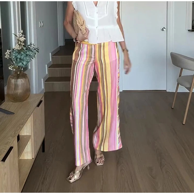Street Striped Jeans Women's High-Waist Pockets Wide-Leg Trouser 2026 Spring Summer Retro Multicolor Vertical Stripe Denim Pant