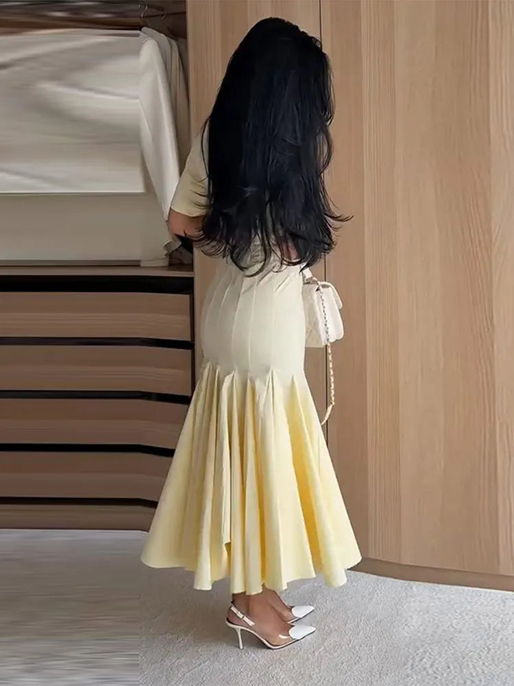Women Fashion Solid Dress V-neck Ruffles Hem Short Sleeves Waist-cinching Draped Empire Dresses Summer Chic Elegant Summer Gown