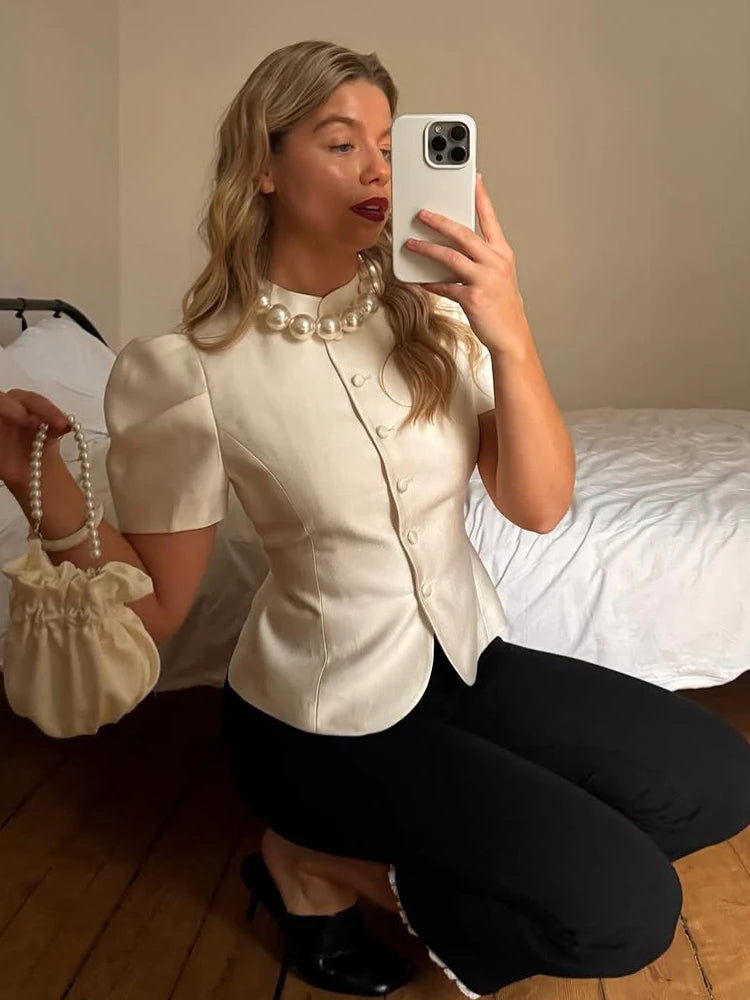 Chic White Lantern Sleeve Shirt Women Solid Stand Collar Stand Collar Slim Shirts Lady Casual Tops Commute Outwear 2026 New