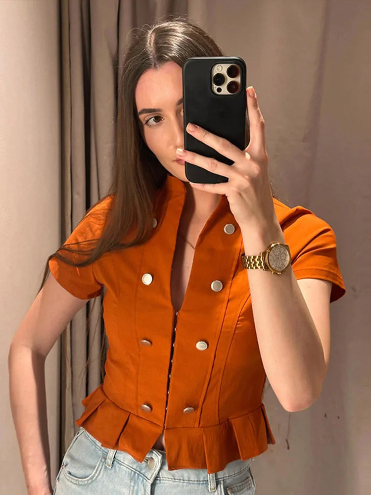 Short Sleeve Waist Cinching Ruffles Tops Women Elegant Stand Collar Single Breasted Pleaded Slim Thin Coats Chic Office Lady Top