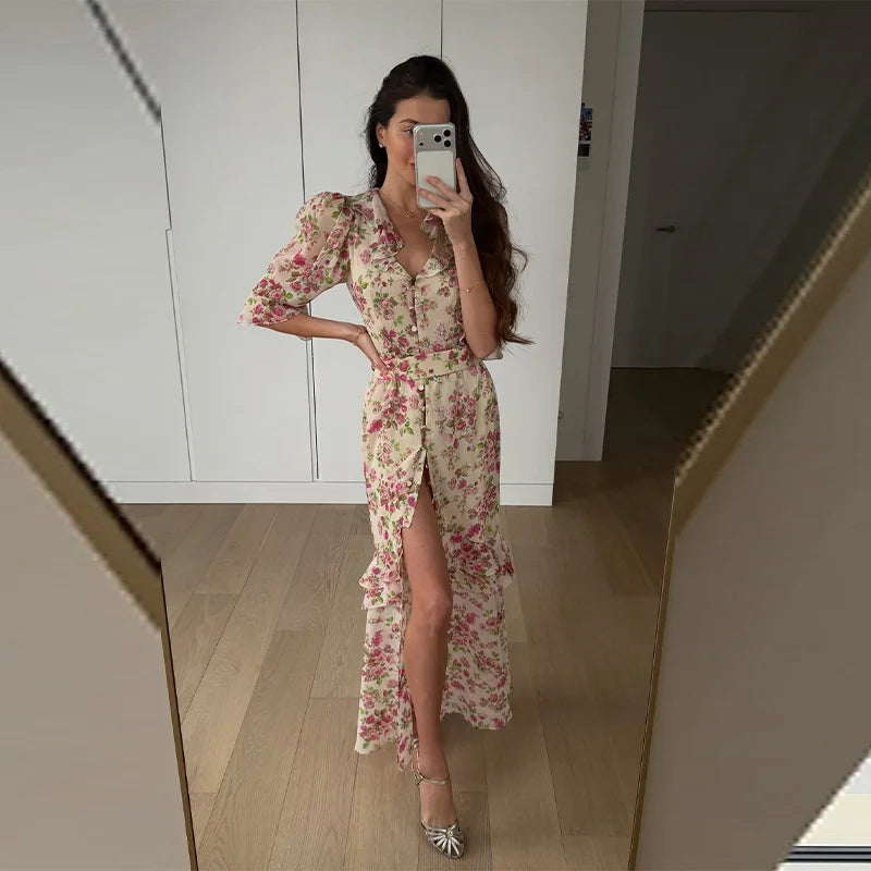 V Neck High Split Half Sleeve Slim Long Dress Print Waist Cinching Ruffle Hem Maxi Robes 2026 Women Party Vacation Vestidos