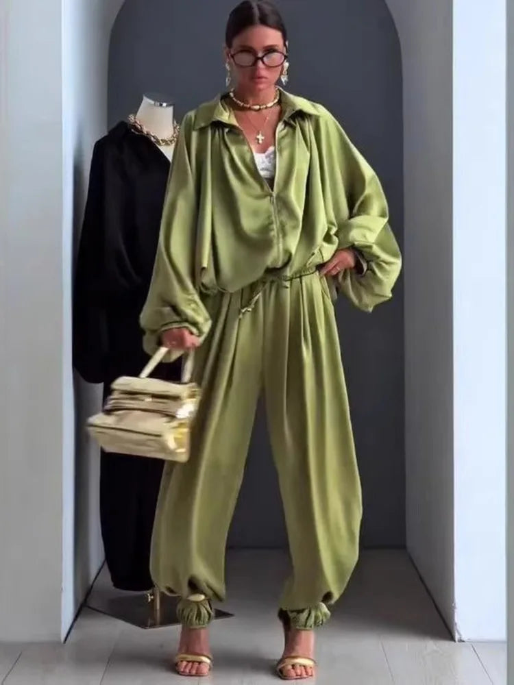 LGRQ Women's Casual Two-piece Set Fashion Lapel Long Sleeved Cardigan Jacket Elastic Waistband Tied Pants 2026 Summer 19DB1008